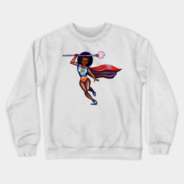 Black anime superhero girl from space with red cape ! beautiful  black girl with Afro hair, brown eyes, Cherry pink lips and dark brown skin. Hair love ! Crewneck Sweatshirt by Artonmytee